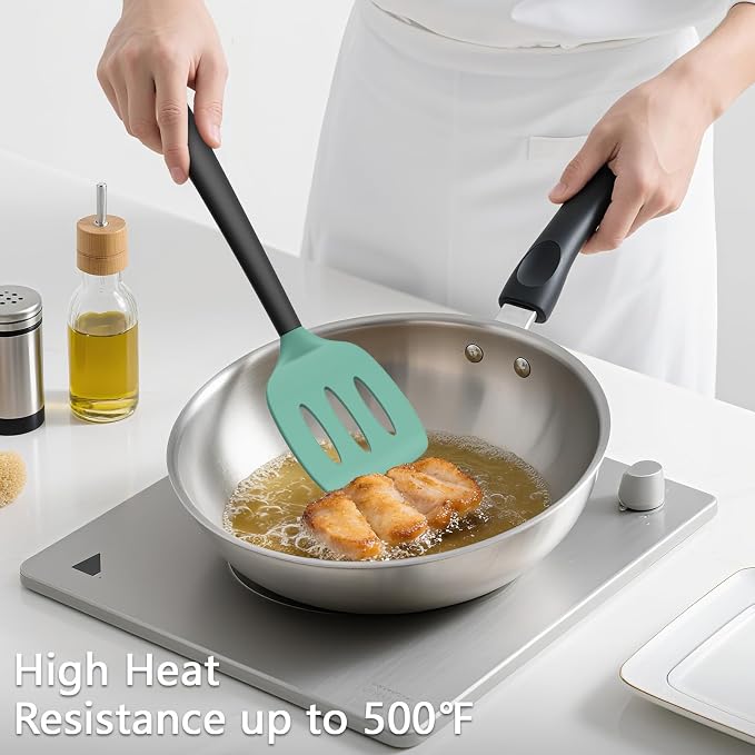 Coukre 3 Pack Silicone Spatula Set, Heat Resistant to 500°F, BPA-Free | Fish Spatula, Solid & Slotted Turners, Dishwasher Safe, Spatula Set for Eggs, Pancakes, Fish & Burgers, AquaGreenBlack