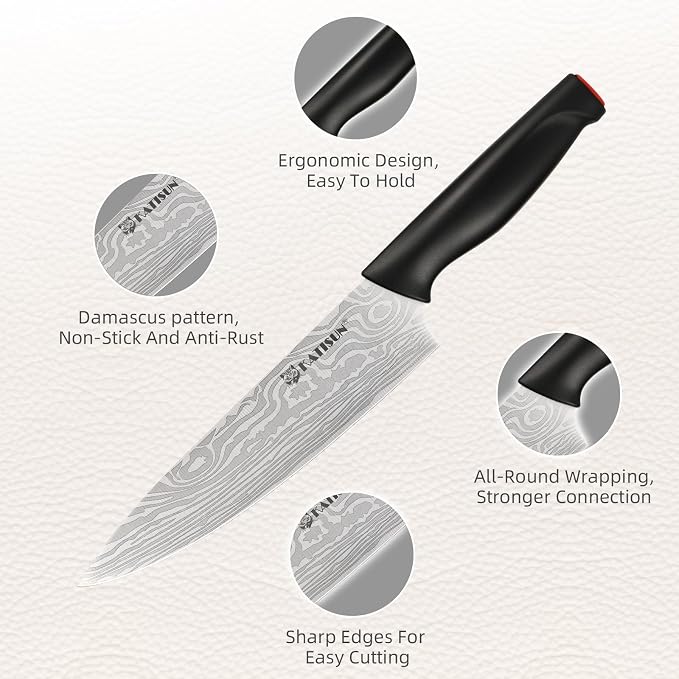15-Piece Damascus Pattern German Steel Kitchen Knife Block Set | High Carbon Laser-Etched Blades With Built-In Sharpener. Features Ergonomic Black Anti-Slip Handles With Red Trim