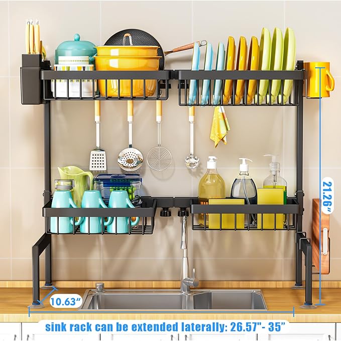 ARSTPEOE Large Over The Sink Dish Drying Rack 2 Tiers 4 Baskets | Fits All Sinks (from 26.57" to 35"), 2-Tier Adjustable SinkRack, Dishes Rack Kitchen Storage Organizer, Space Saving