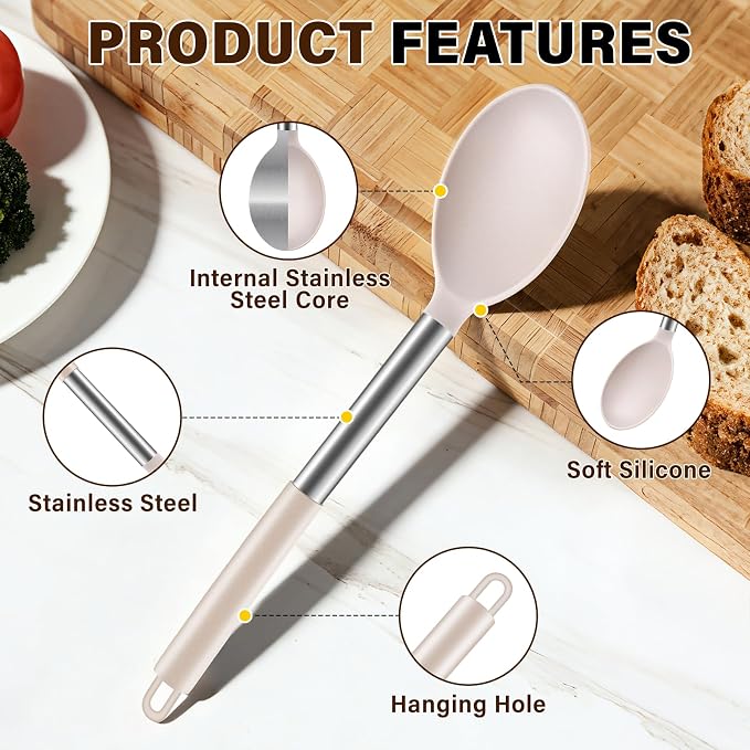 3Pcs Silicone Cooking Spoon Set, Kitchen Utensils Include Solid & Slotted Spoon, Soup Ladle, Food-Grade Heat Resistant 446°F, Non-Scratch Spoons for Serving, Stirring, Draining, Dishwasher Safe, Khaki