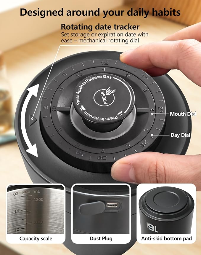 ROTTOGOON Auto Vacuum Coffee Canister, Rechargeable Airtight Coffee Container with 304 Stainless Steel Inner, Scoop, Sealed Coffee Bean Storage Container for Ground Coffee, Tea, Food, 16OZ/ 1.3L