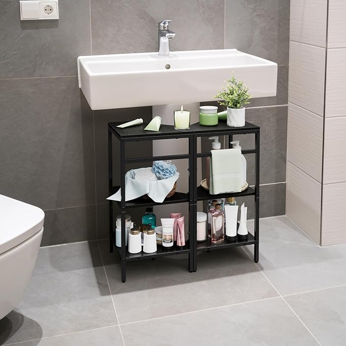 Under Pedestal Sink Storage Shelf 2 Pack Under Sink Organizers | 3-Tier Corner Shelf Stand Under Sink Storage Bathroom Vanity for Small Space,Bathroom Storage Rack Corner Shelves, Black