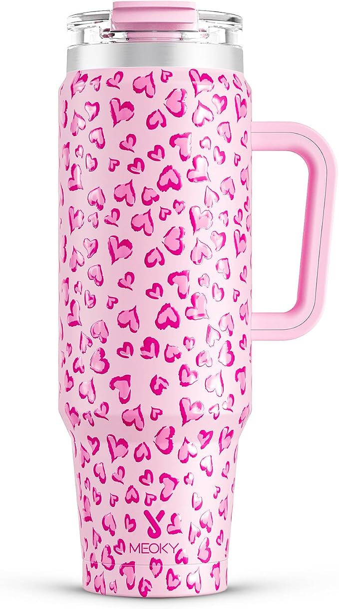 Meoky 40 oz Tumbler with Handle and Straw, Insulated Tumbler with Lid and Straw, Stainless Steel Travel Mug, Keeps Cold for 34 Hours, 100% Leak Proof, Fits in Car Cup Holder (Love)