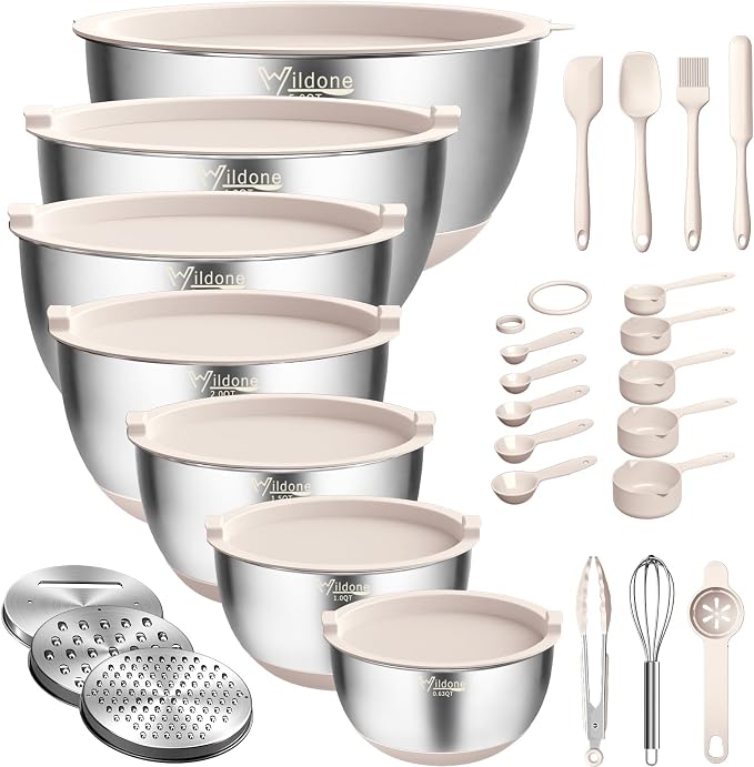 Wildone Mixing Bowls with Airtight Lids, Stainless Steel Nesting Bowls Set | Metal Bowls with 3 Grater Attachments, Non-Slip Bottom, Size 5, 4, 3, 2, 1.5, 1, 0.63QT, Include Utensil Set for Prep, Khaki