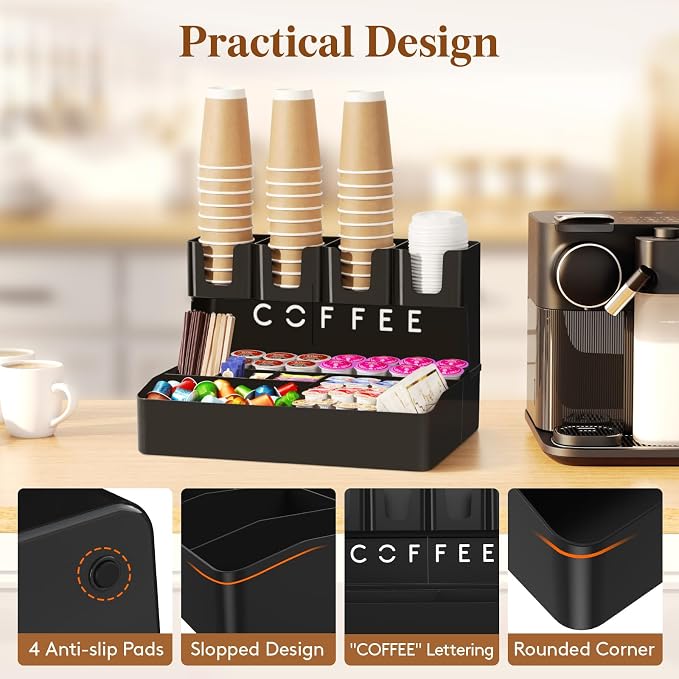 Lifewit 2-tier Coffee Station Organizer, 11 Compartments, Black, Plastic | Countertop Coffee Bar Organizers for Cups, Pods, Sugar, Condiment Holders Storage for Office Breakroom Kitchen Home