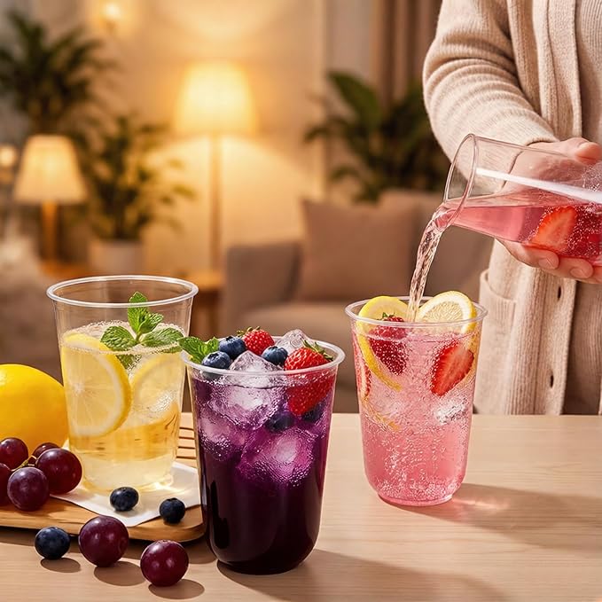 WELLIFE 50 Pcs 16 oz Clear Plastic Cups | Disposable Wine Glasses Stemless Cocktail Punch Cups for Cold Drinking Party Supplies, Halloween Thanksgiving Christmas