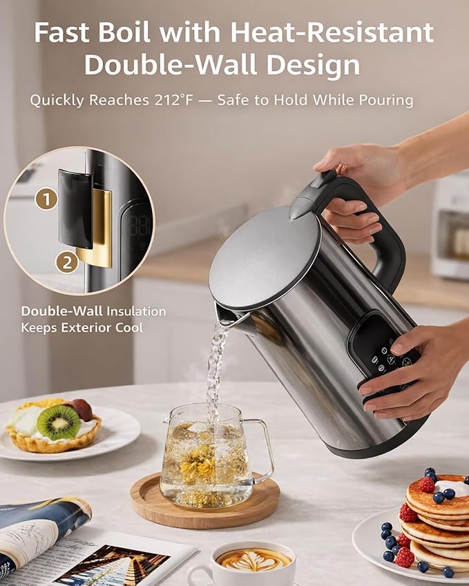 1.7L Stainless Steel Electric Kettle with Temperature Control, Matte Black | 5 Preset Temperatures for Tea & Pour Over Coffee, 2H Keep Warm, 1200W BOIL Mode, 304 Stainless Steel Interior, Cordless Base