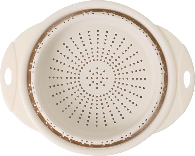 Dexas 10" Collapsible Silicone Colander in Cream, Kitchen Strainer with Handles, 15.1 Cup Capacity | BPA-Free, Heat-Resistant, Space-Saving Kitchen Tool