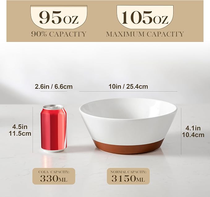 MALACASA Serving Bowls, 105oz Large Salad Bowls for Party, Entertaining | Big Ceramic Bowls for Soup, Fruit and Pho, 2-Pc Wide Bowl Set, Microwave & Dishwasher Safe, White & Brown, Series TARA