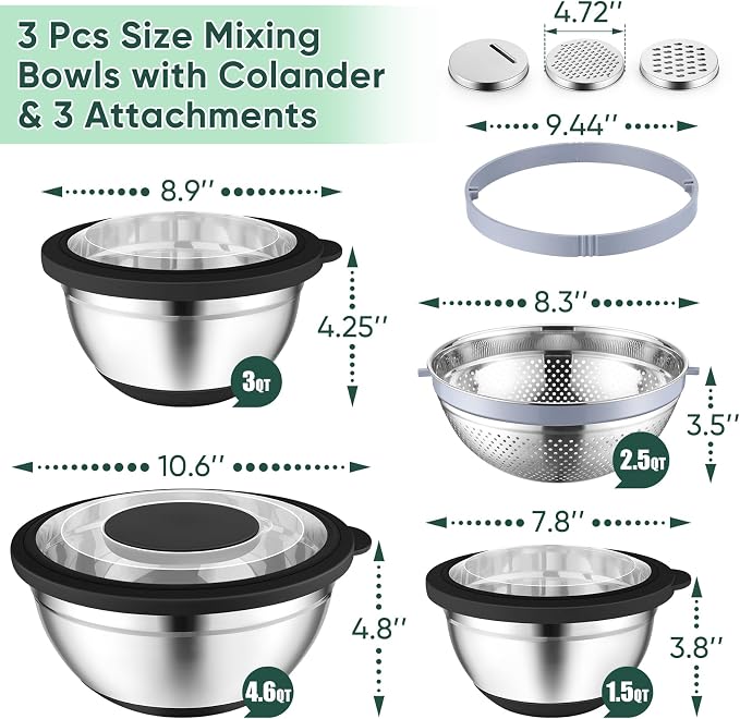 P&P CHEF Mixing Bowls with Lids, Metal Mixing Bowl with Colander, Black | 3 PCS Stainless Steel nesting bowls for Prepping, Storing, Colander for Draining, 3 Grater Attachments & Non-Slip Bottoms