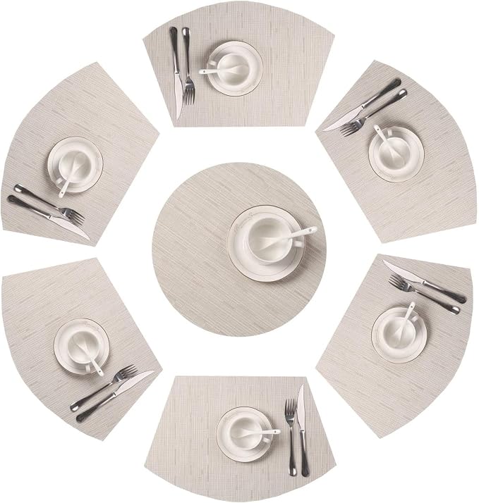 SHACOS Round Table Placemats Set of 7 Wedge Shaped Place Mat with Centerpiece Circle Mat Heat Resistant Small Round Table Mats Washable (7, Beige)