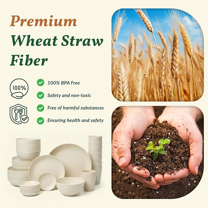 Wheat Straw Dinnerware Sets 40 PCS Plates and Bowls Sets with Cup Set and Dipping Bowls, Unbreakable Camping Dishes Microwave and Dishwasher Safe Dinnerware Set for Dinner, Outdoor (Beige)