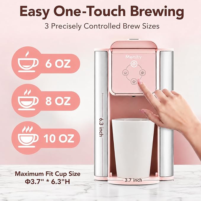 Mecity Pink Coffee Maker 3-in-1 Single Serve Coffee Machine, For Flat Bottom Coffee Capsule, Ground Coffee, 6 to 10 Ounce Cup, Removable 50 Oz Water Reservoir, 120V 1150W