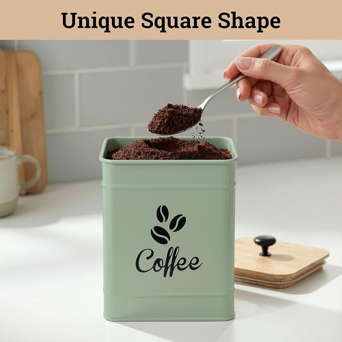 Airtight Coffee Canister 40 oz, 6"x 8" Metal Jar w/ Rubber-Lined Bamboo Lid | 40oz Large Iron, Airtight Coffee Container, Bamboo Lid, Stylish Countertop Container for Coffee Grounds, Beans, Pods & More