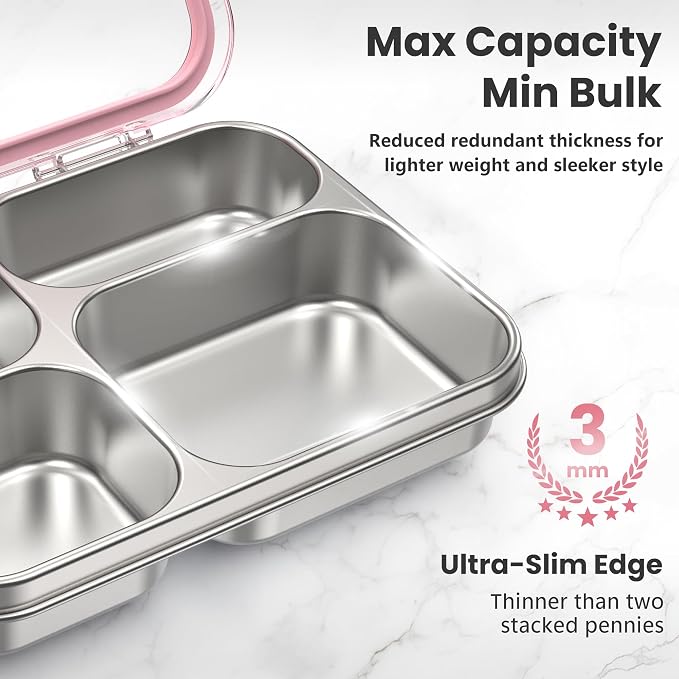 HOMEKOL Stainless Steel Bento Lunch Box, 4 Cups, Pink | 4-Compartment Leak-Proof Metal Lunch Container for Kids & Adults, BPA/BPS-Free, Dishwasher Safe, Clear Lid, (Not Insulated)