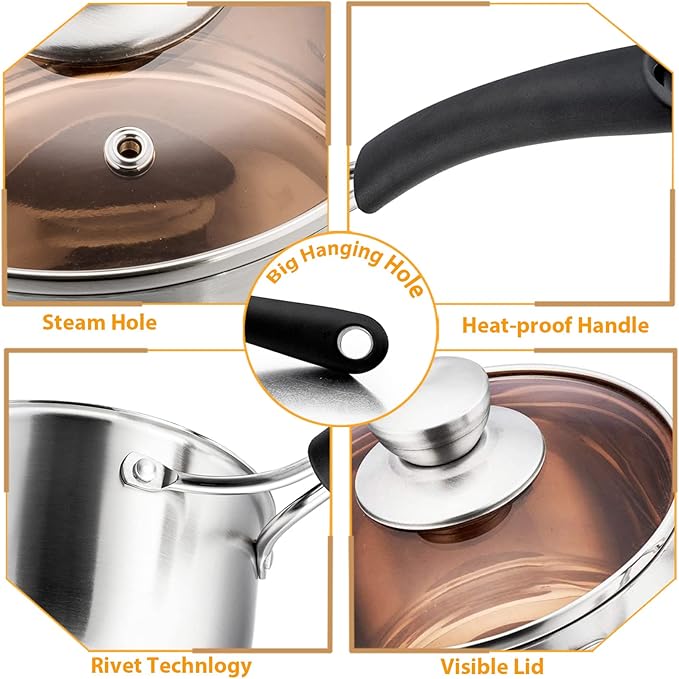 P&P CHEF 1 & 2 Quart Sauce Pan With Lid, Small Pot Saucepan for Milk, 2 Pcs | Stainless Steel Saucepan, Small Sauce Pot for Cooking, Visible Glass Lid & Bakelite Heat-Proof Handles,Dishwasher Safe