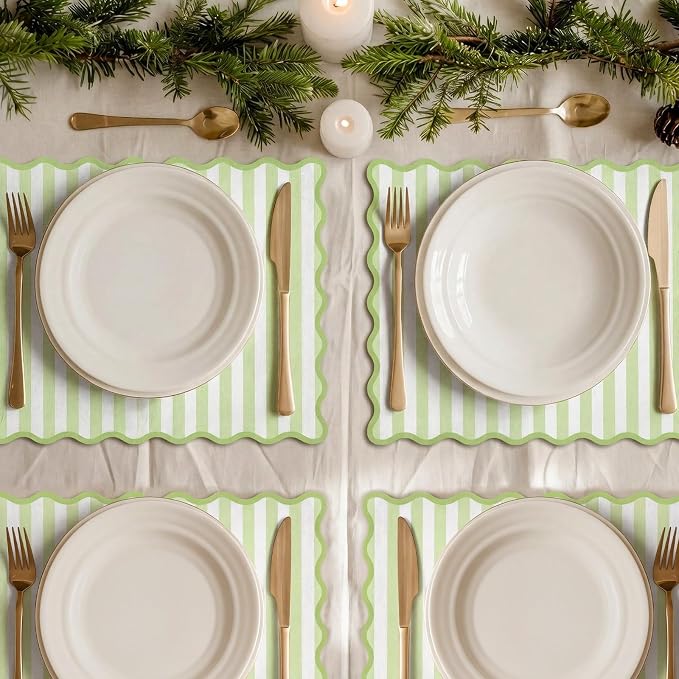 100 Pcs Green Stripe Paper Placemats 14 x 10 Inch Scalloped Checkered Place Mats Disposable Paper Kitchen Place Mats for Spring Party Home Dining Table Decor Wedding Bridal Shower