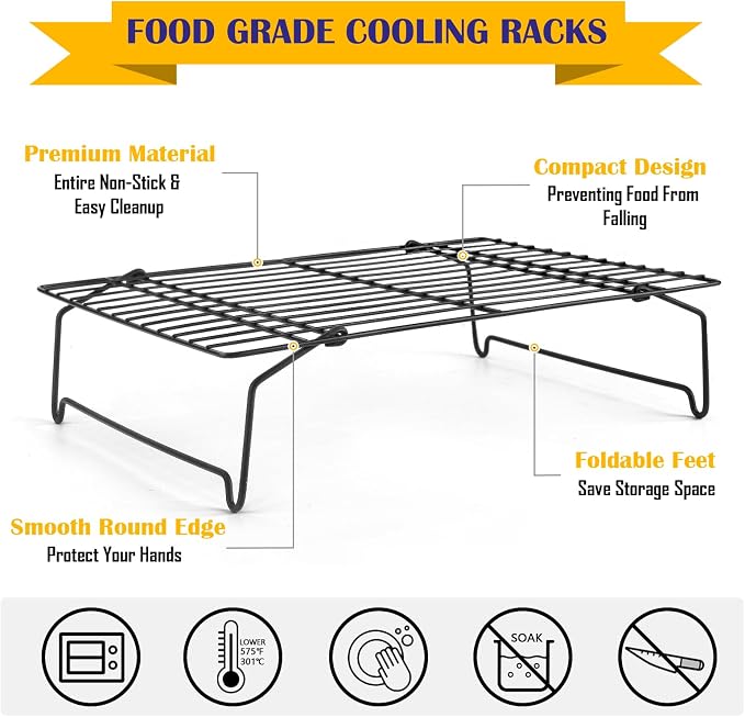 Leonyo 5-Tier Collapsible Cooling Rack for Cooking and Baking, 15 x10 Inch | Stainless Steel Baking Cooking with Foldable Feet, Non-toxic Coating & Heat-resistant up to 575℉, Black