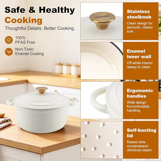 4-QT Enameled Cast Iron Round Dutch Oven With Lid,Oven safe,Cream | Small Dutch Oven,cream/gold-tone knob,500°F,sourdough,braising/stews/roasting，Kitchen Gift for Cooking Lovers