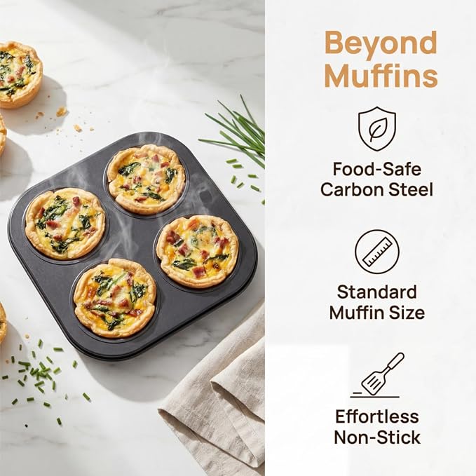 6 Pack Air Fryer Muffin Pan, 4 Cup Non-Stick Baking Pan | Carbon Steel Small Oven Muffin Tin, Round Cupcake Bakeware Cake Mould for Egg Muffin, Quiches, Frittatas