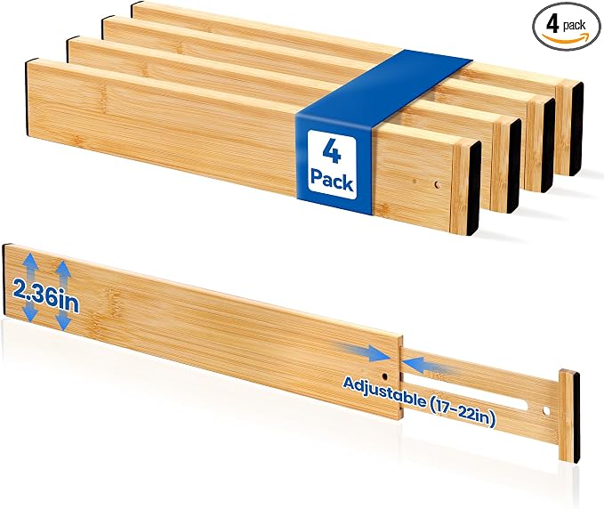4 Pack 2.36" Bamboo Drawer Dividers, 17-22" Expandable Kitchen Organizers | Adjustable Spring-Loaded Tension Separators with Foam Pad for Clothes, Utensils, Kitchen, Dresser, Nursery & Bathroom