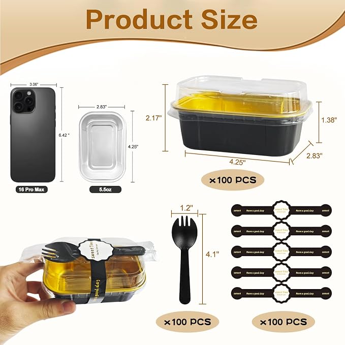 Mini Cake Pans With Lids And Spoons,5.5 oz Rectangle Mini individual Loaf Pans Disposable Aluminum Foil Small Baking Cups Tins (100, Black)