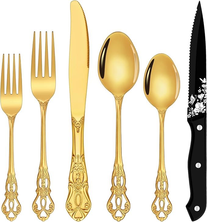Gold Silverware Set, Ollex 48-Piece Retro Royal Flatware Set for 8 with Anti-rust Silverware Steel Black Steak Knives and Gold Spoons Forks Utensil Set, Mirror Polished&Dishwasher safe