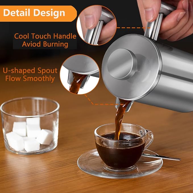 French Press Coffee Maker, 600ml/20oz Silver Stainless Steel Coffee Press, Double-Wall Insulated, Food Grade & Rust-Free, Included 2 Extra Filters, Dishwasher Safe