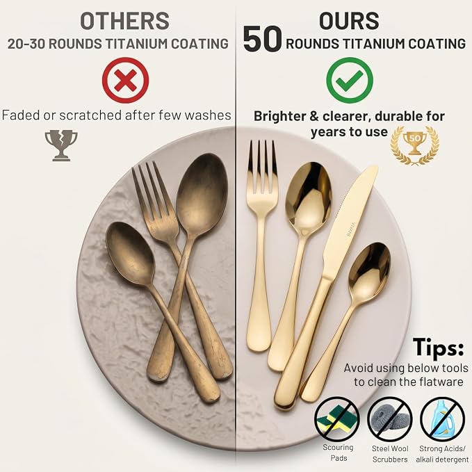 VIVANI 40 Piece Champagne Silverware Set for 8, Gold Flatware Set | 18/0 Stainless Steel Cutlery Set with Advanced PVD Titanium Coating for Home, Kitchen, Housewarming, Wedding, Dishwasher Safe