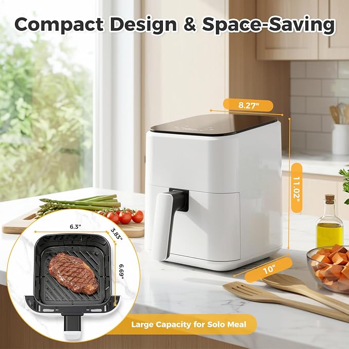 Compact Digital Air Fryer 3 Qt, Small Airfryer with Nonstick Plate, Dishwasher Safe Basket, Auto Shutoff, Simple Touchscreen, Quick Meals for Small Spaces