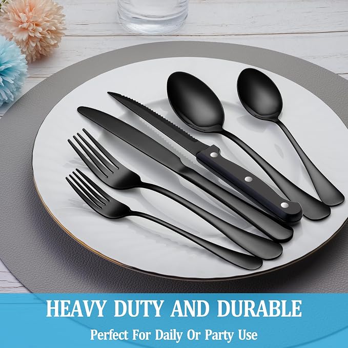 72 Pcs Black Silverware Set with Steak Knives, Stainless Steel Flatware Cutlery Set for 12, Kitchen Tableware Sets, Utensil Sets for Home and Restaurant, Dishwasher Safe