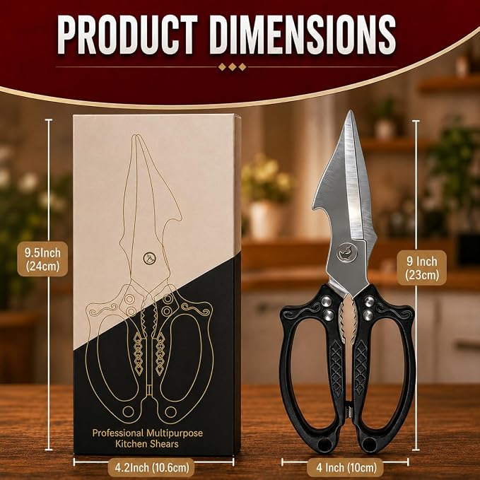 Black Heavy Duty Kitchen Shears, Stainless Steel Multipurpose Food Scissors for Chicken, Meat, Poultry & Vegetables, Sharp Kitchen Scissors for Daily Cooking