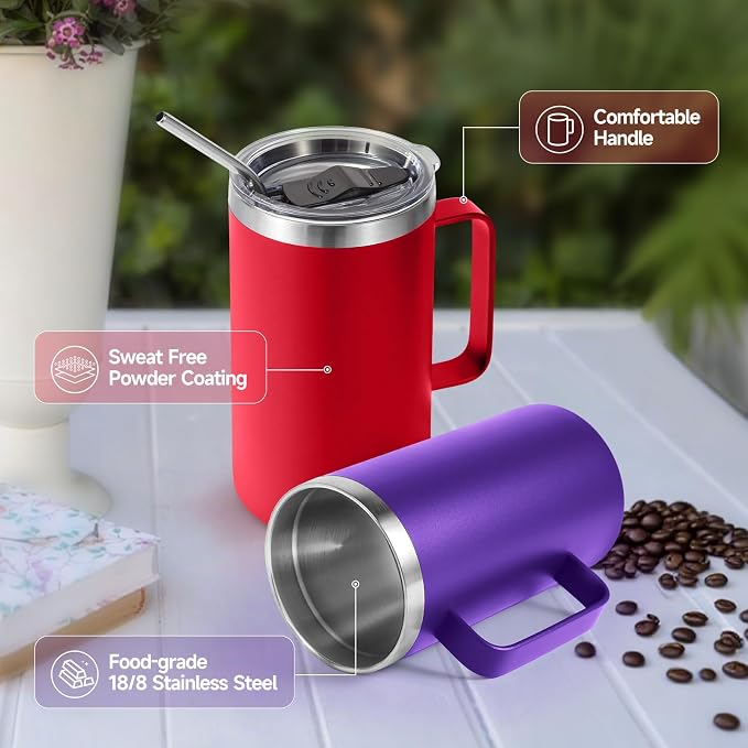 Volhoply 22oz Insulated Stainless Steel Coffee Mugs with Leakproof Lid Bulk 2 Pack,Double Wall Vacuum Travel Coffee Cup with Handle,Reusable Metal Tumbler,Camping Mug Keep Hot&Cold(Mix,2)