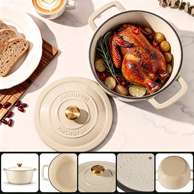 Enameled Cast Iron Dutch Oven 5.2 Qt with Lid, Cream | For Sourdough Bread, Stews & Roasts, Oven Safe to 500F, Works on Gas, Electric & Induction Stovetops.