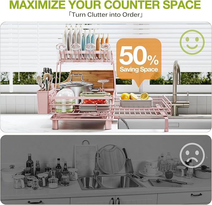 2-Tier Expandable Dish Drying Rack, Kitchen Counter Pink | Large Capacity Kitchen Organization, Heavy-Duty Carbon Steel, Swivel Drain Spout, Cup Hooks & Utensil Holder