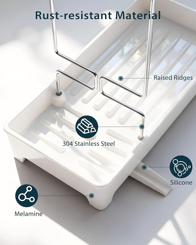 Minimalist Sink Caddy, Rustproof Sponge Holder for Kitchen Sink White | Large Rustproof countertop organizer with 304 stainless steel brush holder, raised ridges and silicone drain tube