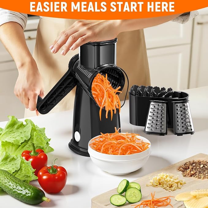 Rotary Cheese Grater Hand Crank, 5-in-1 Vegetable Chopper Spiralizer Slicer | Shredder with 5 Interchangeable Blades for Vegetable, Cheese, Fruit, with Blades Storage Box & Stable Suction Base (Black)