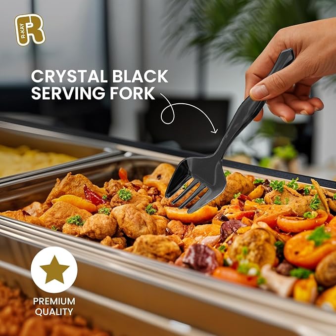 18 Pcs Black Plastic Serving Utensils Set - 6 Black Plastic Serving Spoons, 6 Black Tongs And 6 Forks - Heavy Duty Black Disposable Serving Utensils Set For Parties