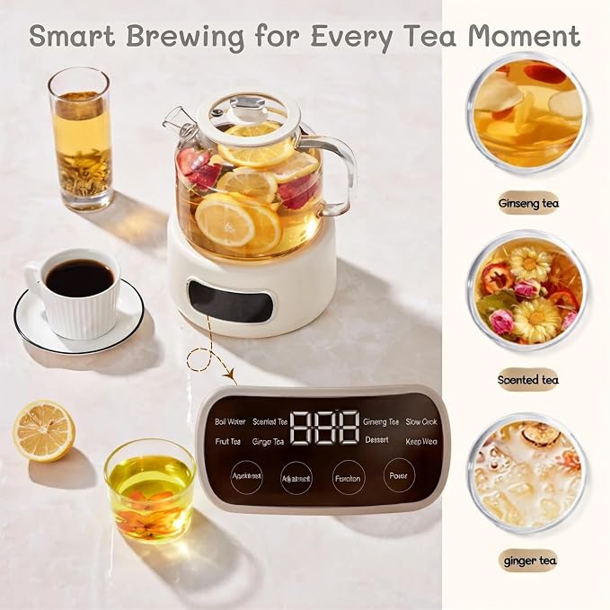 Lemuugo 1.2L Glass Tea Kettle with Infuser, Temp Control, 24H Timer | 1 liter electric tea kettle with infuser, temperature control kettle allglass, 24H preset timer for loose leaf tea.