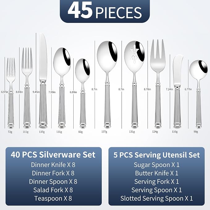 45-Piece 18/10 Heavy Duty Flatware Set for 8, High End Thick Handle Silverware Set, Stainless Steel Flatware Set with Serving Utensil, Extra Thick Heavy Weight, Ideal for Gift