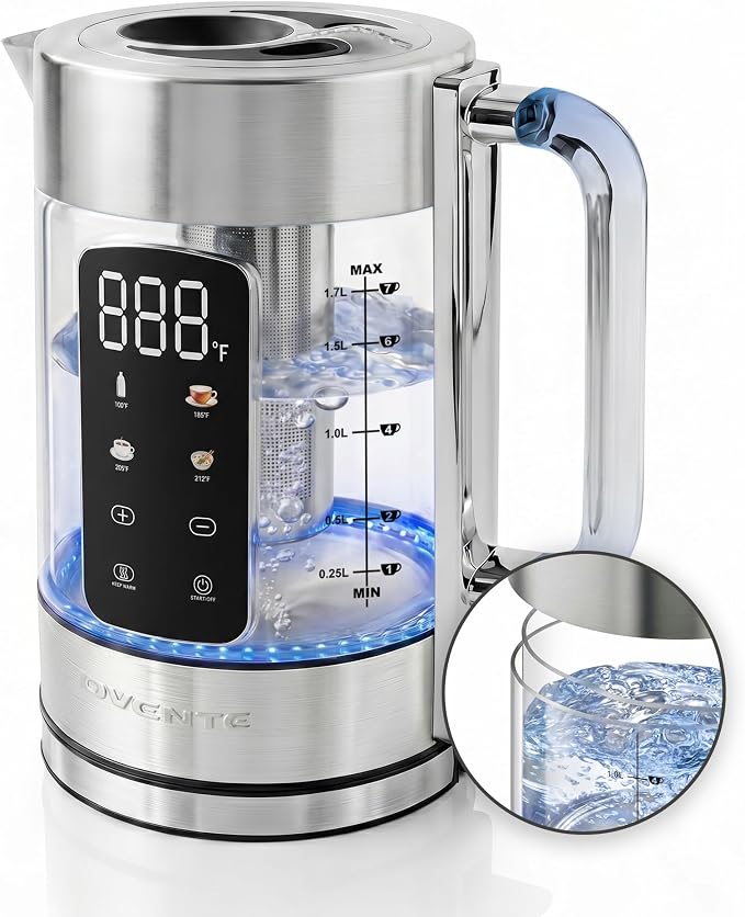 OVENTE 1.7L Glass Electric Kettle with Tea Infuser, Silver KGD913S | 1500W Fast Boiling, Easy Fill Lid, 4 Temperature Control, Double-Wall Cool-Touch Design, Color-Changing LED, Keep Warm