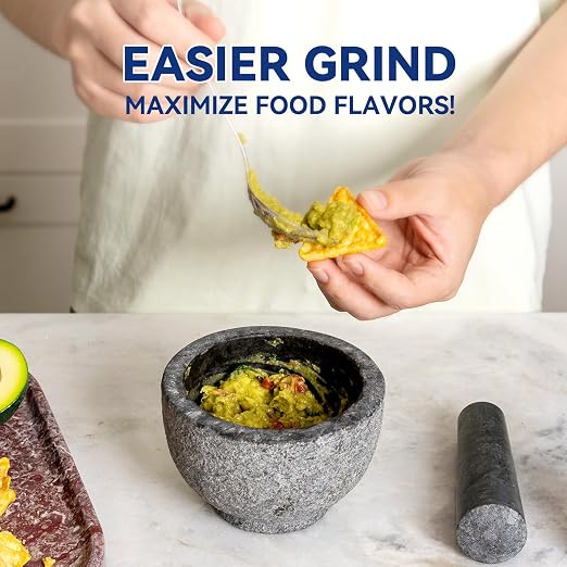 African Natural Granite Mortar and Pestle Set, Grinder Bowl for Guacamole, Salsa, Pill Crusher, Spice, Herb, Garlic, Nut, Heavy Duty Grinder for Kitchen (Sandblasted Finish)