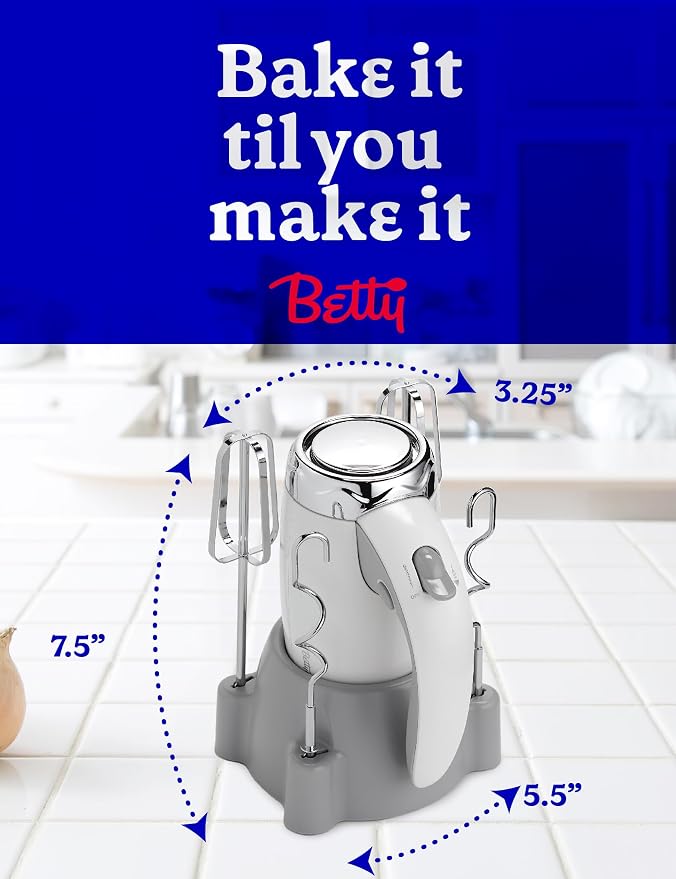 Betty Crocker 7-Speed Power-Up™ Hand Mixer with Stand, BC-4208W, White | 300 Watt Electric Mixer with Beaters and Dough Hooks, Ergonomic Electric Hand Blender for Home & Kitchen with Stand