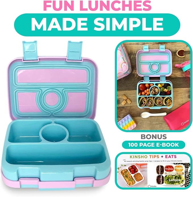 kinsho Bento Lunch Box Set for Small Kids, Snack and Meal Containers for Pre School or Daycare, 4 Compartments, BPA Free, 2 Pack Pink Unicorn + Rainbow