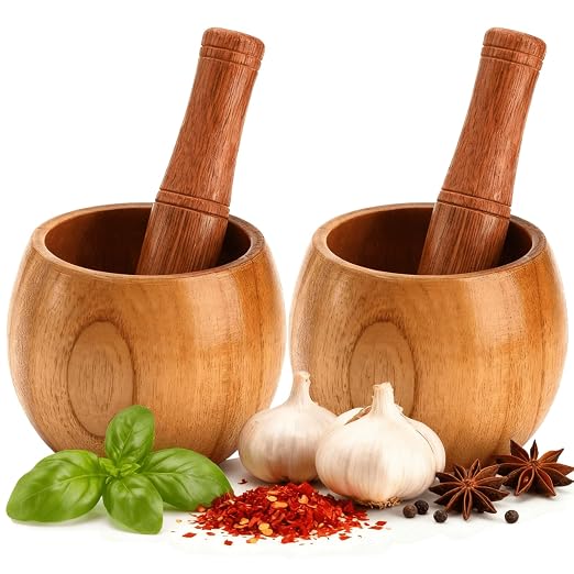 2 Pack Wooden Mortar and Pestle Set, 1.5 Cup Solid Jujube Wood Garlic Grinder Bowls, Herb & Spice Crusher for Guacamole, Pepper, Nuts, Salsa, Kitchen Manual Grinding Tool