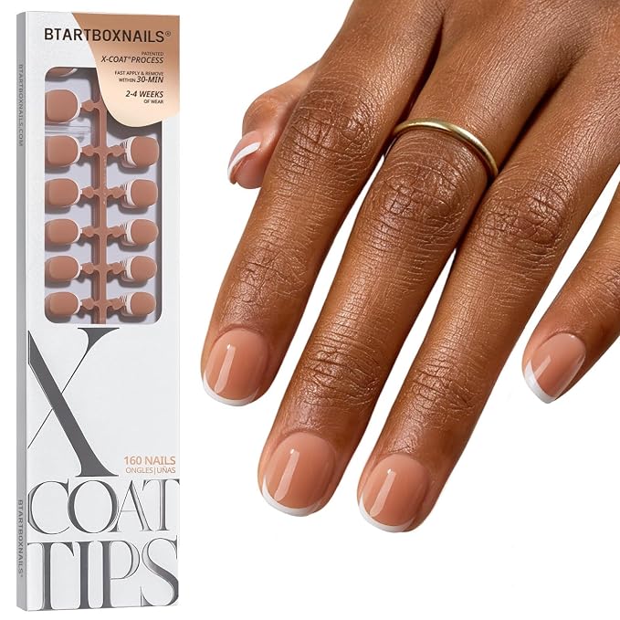 BTArtboxnails XCOATTIPS White French Tip Press On Nails, XXS Squoval, Brown | Lamp-Curable, 4-Week Wear, Natural Nail Look, Salon Quality Value at Home, Easy-to-Apply for Beginners, 160ct Nail Tips Only