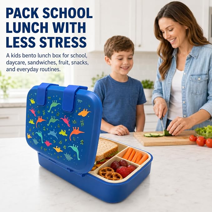 MISS BIG Kids Bento Lunch Box, Blue Dinosaur, Microwave Safe, 800ml | Boys lunch box with 3 sections for school meals, daycare, preschool, kindergarten, and microwave-safe reheating