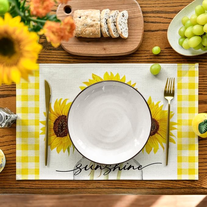 Artoid Mode Yellow Buffalo Plaid Sunflower Sunshine Vase Summer Placemats Set of 4, 12x18 Inch Spring Table Mats for Party Kitchen Dining Decoration