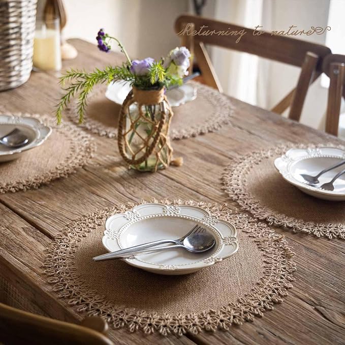FunWheat Burlap Round Braided Placemats Set of 12 for Dining Tables 15 Inch Heat Resistant Jute Table Mats Farmhouse Woven Fabric Natural Place mats (Brown Jute Lace)
