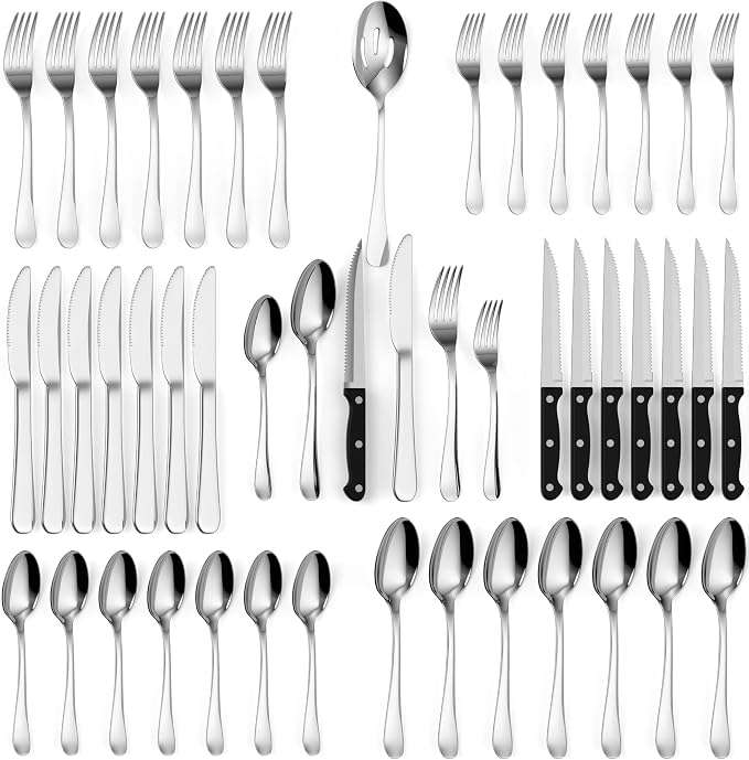 49 Piece Silverware Set - Service for 8 - Stainless Steel Flatware serving set - Cutlery Set - Knife, Fork, and Spoon - Kitchen Utensils set - Dishwasher Safe - Stunning Polished Finish